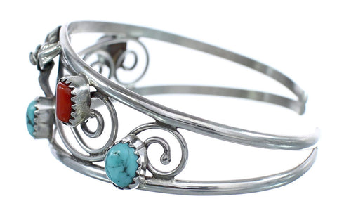 Sterling Silver Turquoise Coral Flower Leaf Navajo Cuff Bracelet JX121739